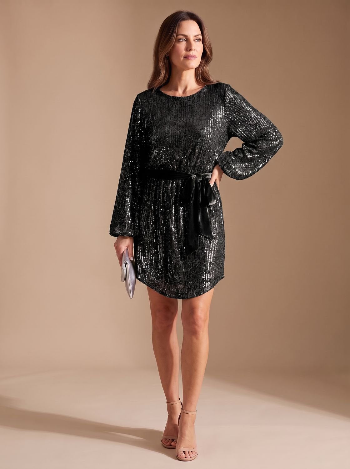 Women's Sparkly Sequin Mini Christmas Party Dress with Balloon Sleeves and Belt