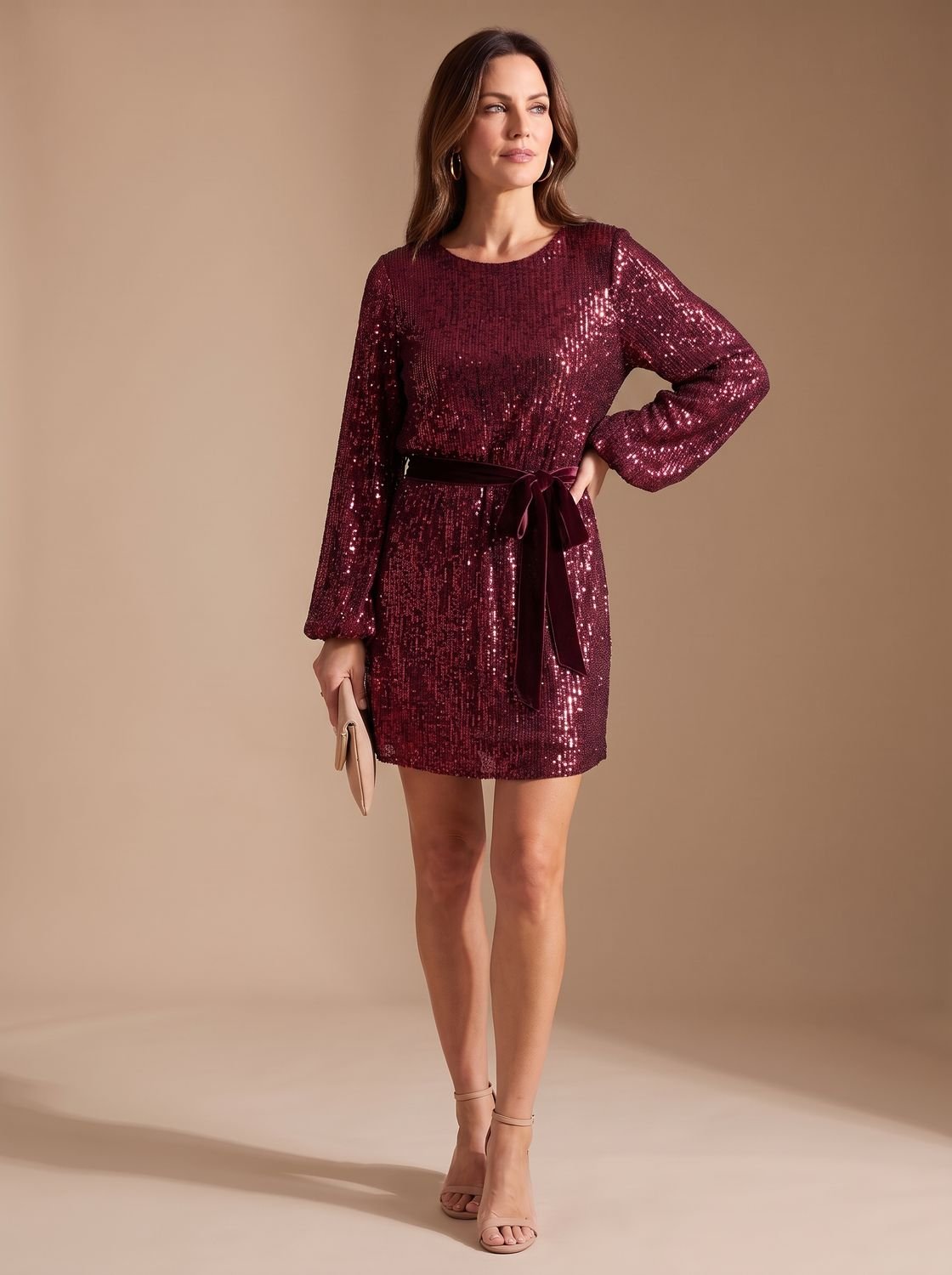 Women's Sparkly Sequin Mini Christmas Party Dress with Balloon Sleeves and Belt