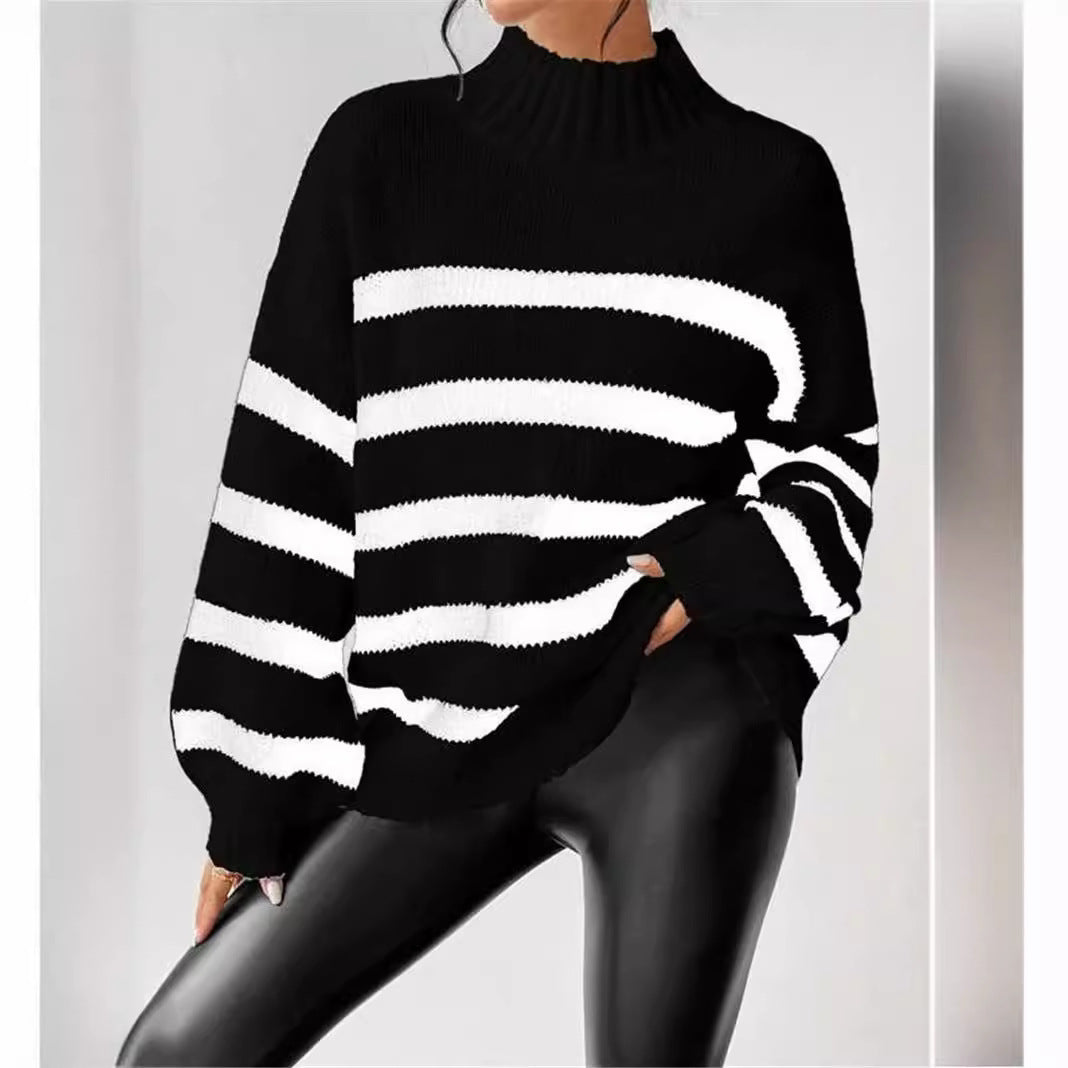 Women's Striped Sweater with Ribbed Collar