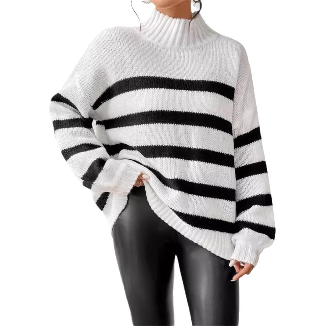Women's Striped Sweater with Ribbed Collar