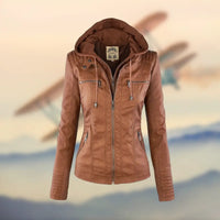 Women's Tan Leather Jacket with Hood and Long Sleeves