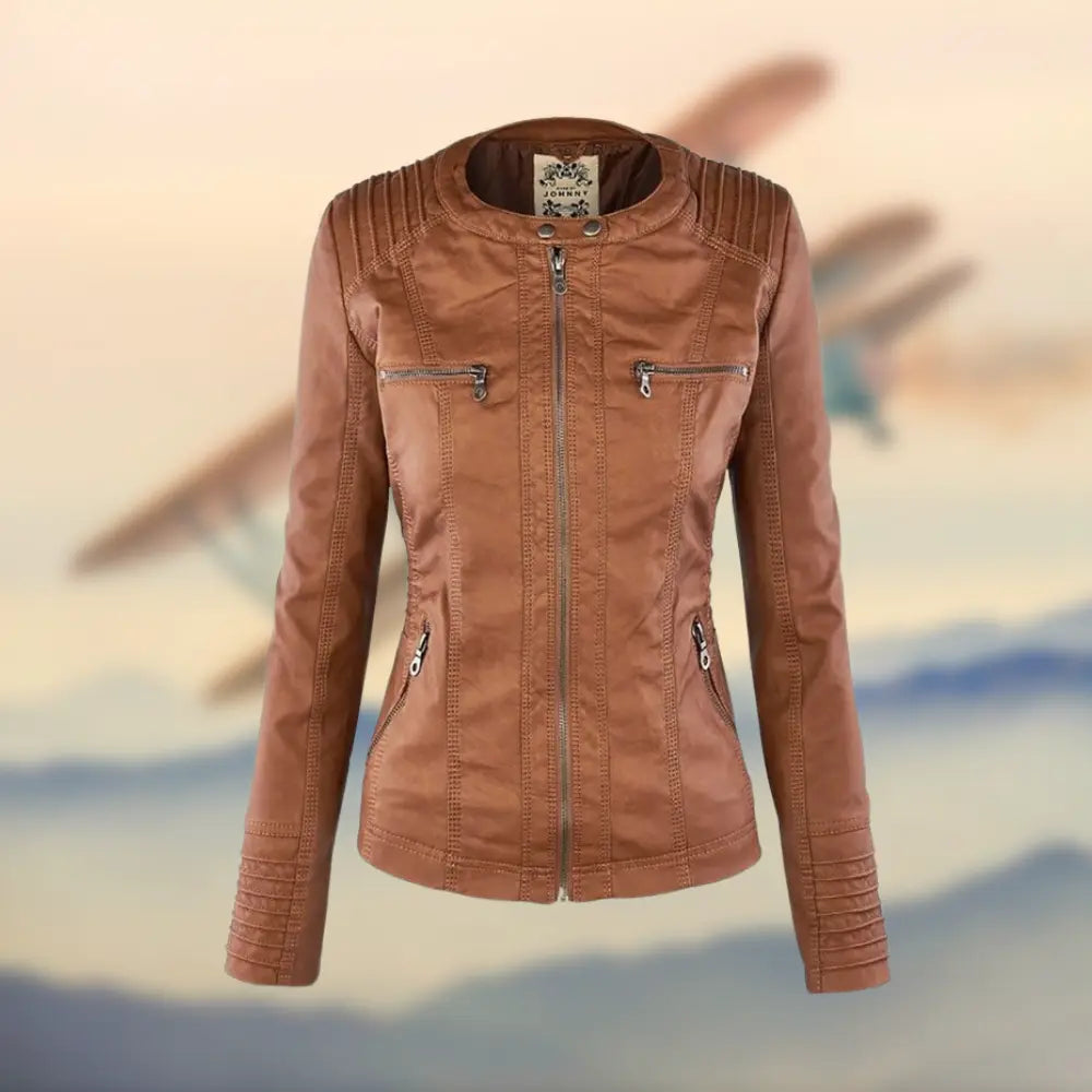 Women's Tan Leather Jacket with Hood and Long Sleeves