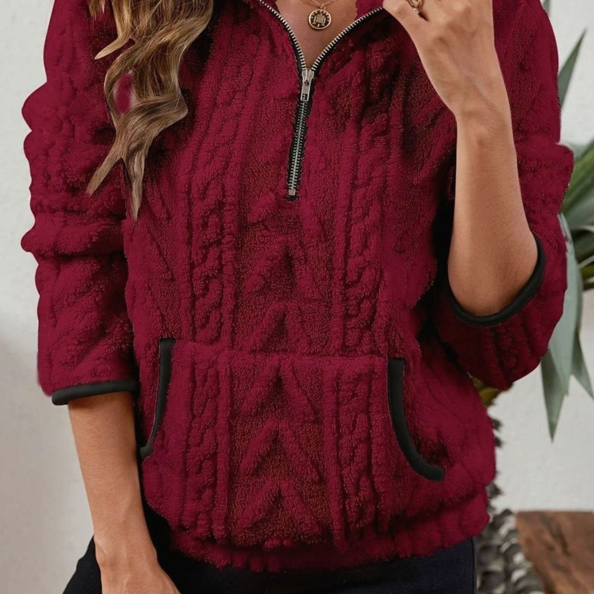 Women's Textured Fleece Half-Zip Kangaroo Pocket Pullover