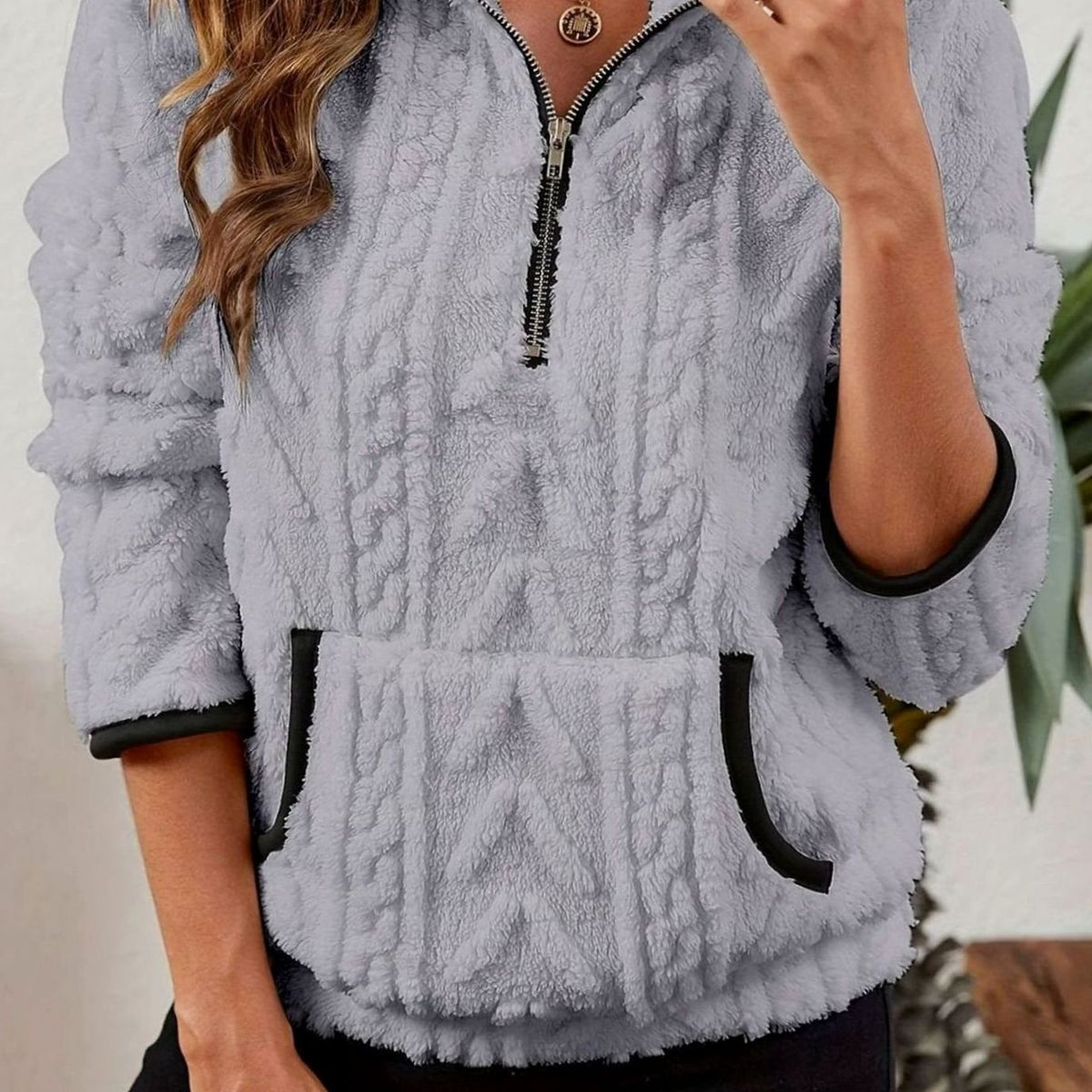 Women's Textured Fleece Half-Zip Kangaroo Pocket Pullover