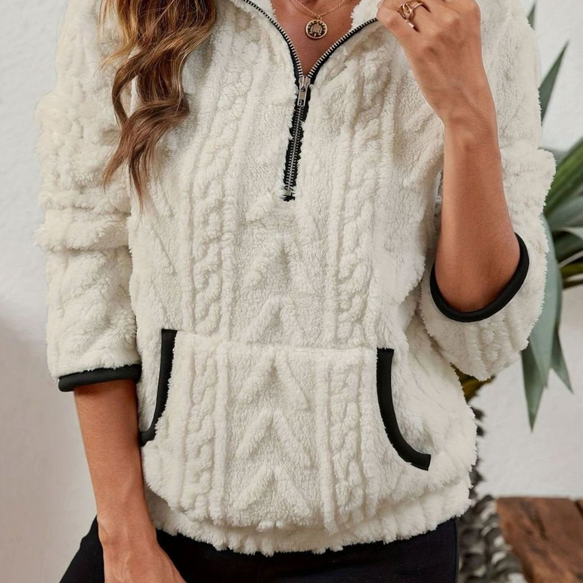 Women's Textured Fleece Half-Zip Kangaroo Pocket Pullover