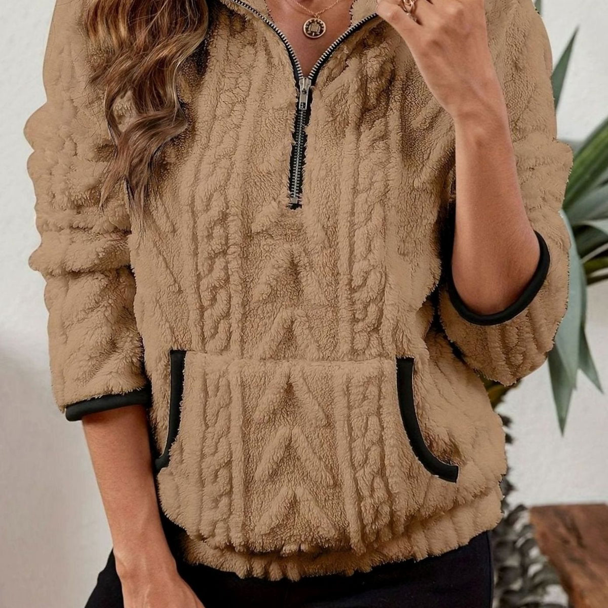 Women's Textured Fleece Half-Zip Kangaroo Pocket Pullover
