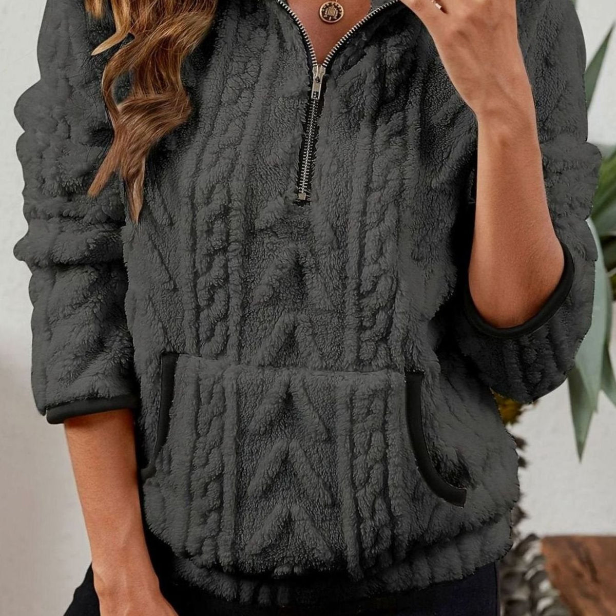Women's Textured Fleece Half-Zip Kangaroo Pocket Pullover
