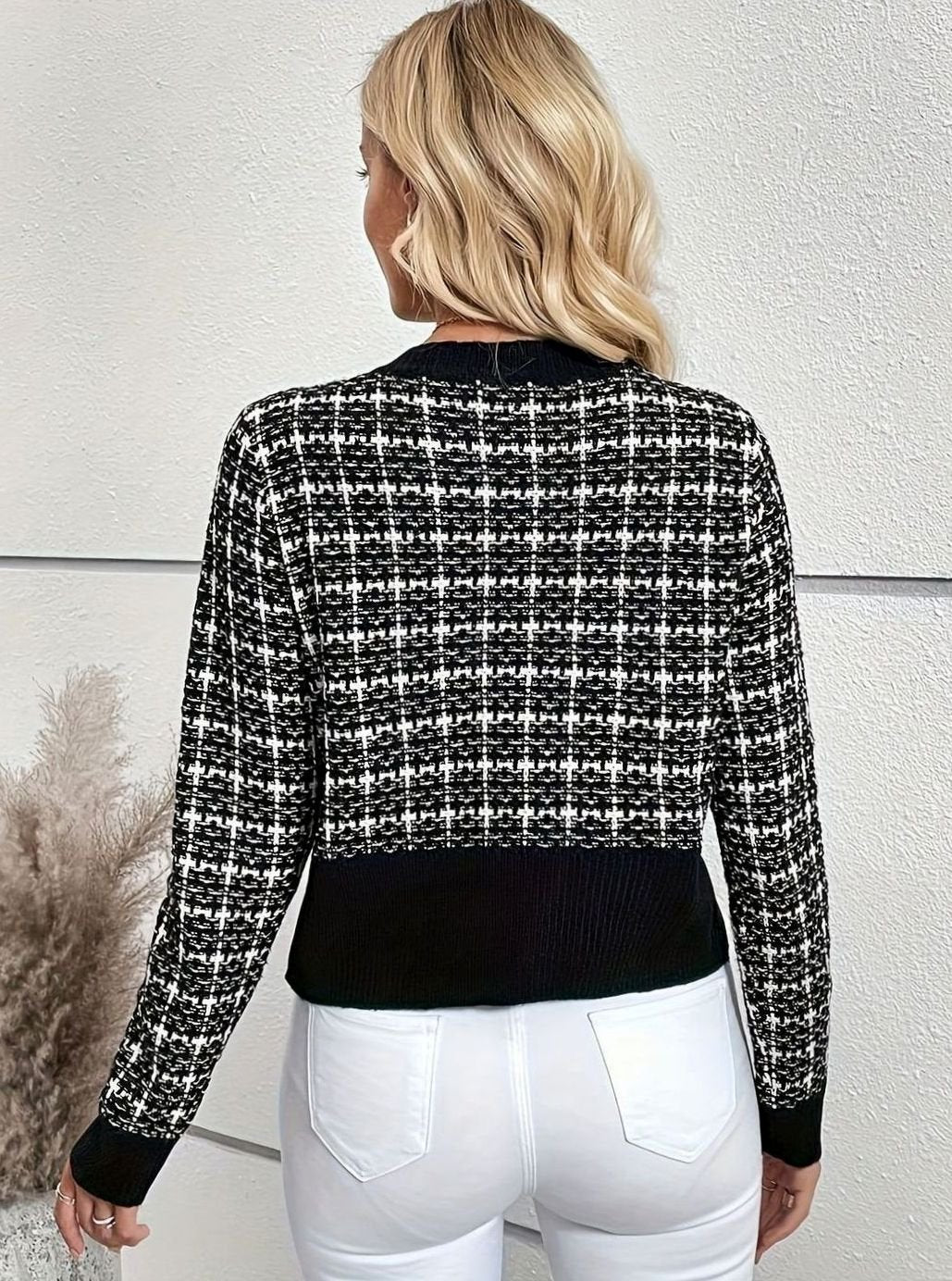 Women's Tweed-Inspired Button-Front Cropped Knit Cardigan