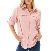 Women's UPF 50 Hiking and Safari Shirt with Roll-Up Sleeves and Zippered Pockets