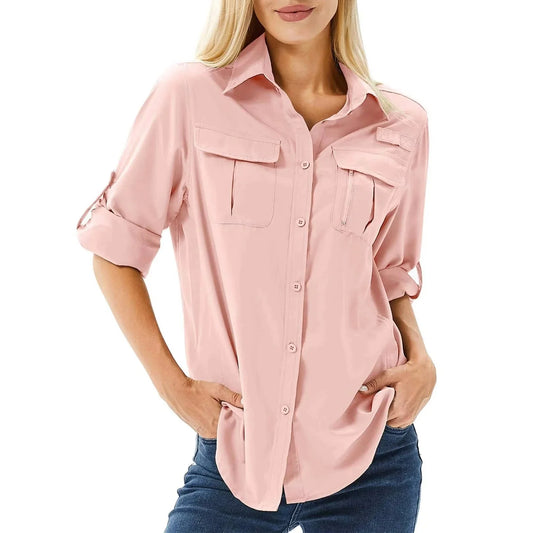 Women's UPF 50 Hiking and Safari Shirt with Roll-Up Sleeves and Zippered Pockets