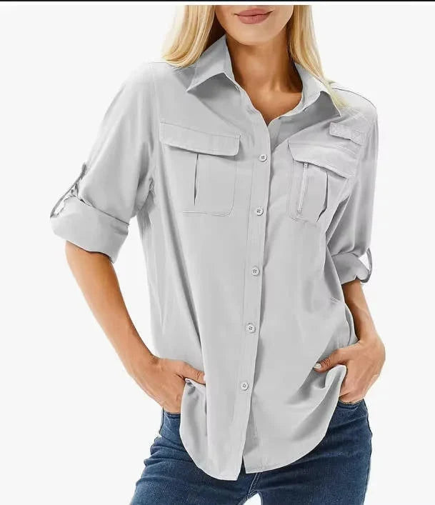 Women's UPF 50 Hiking and Safari Shirt with Roll-Up Sleeves and Zippered Pockets