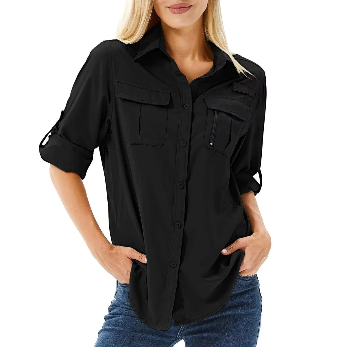 Women's UPF 50 Hiking and Safari Shirt with Roll-Up Sleeves and Zippered Pockets