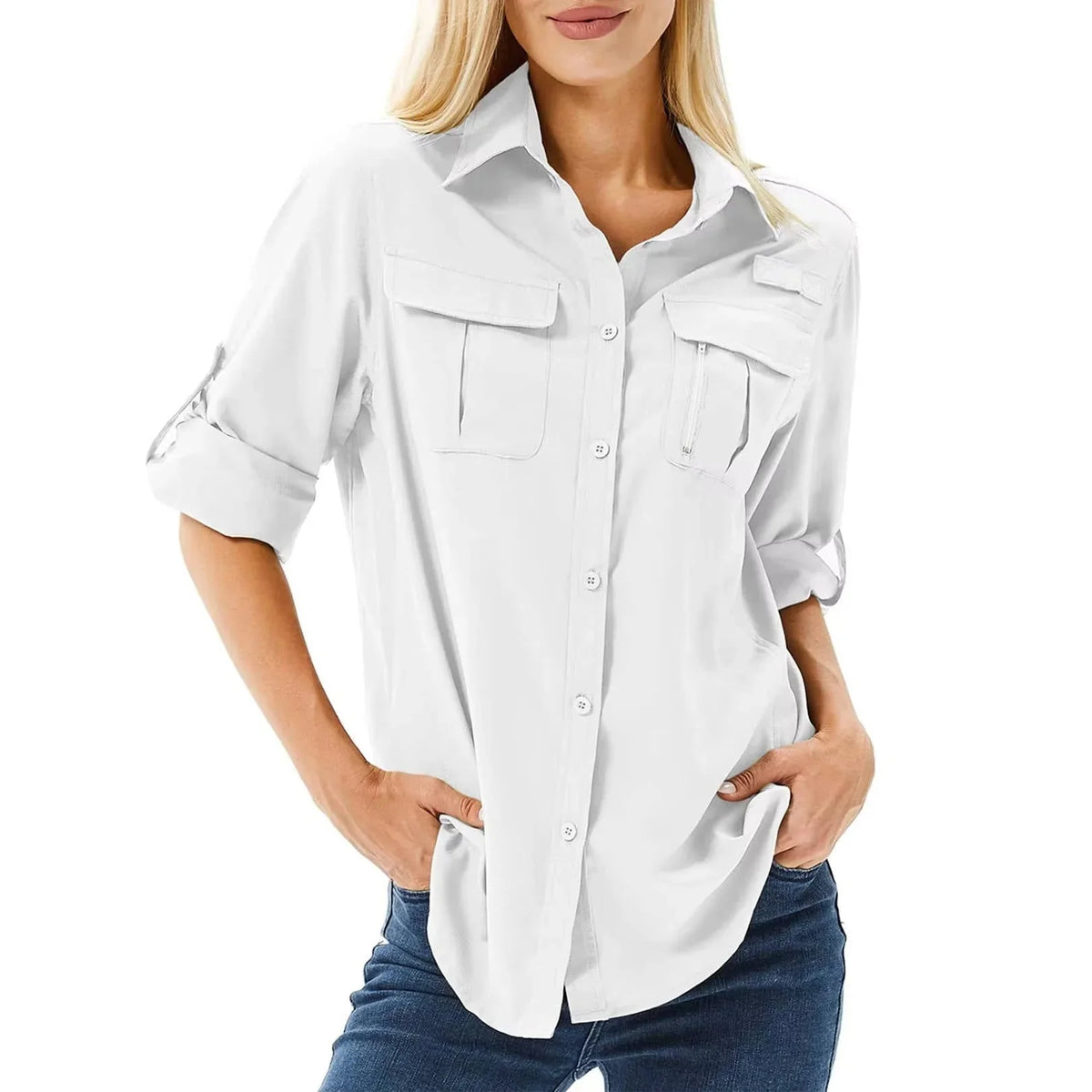 Women's UPF 50 Hiking and Safari Shirt with Roll-Up Sleeves and Zippered Pockets