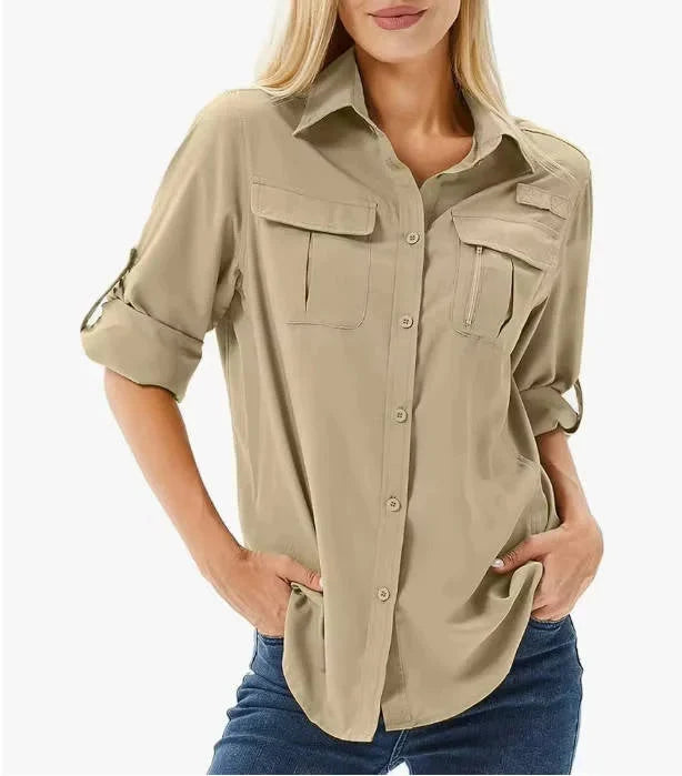 Women's UPF 50 Hiking and Safari Shirt with Roll-Up Sleeves and Zippered Pockets