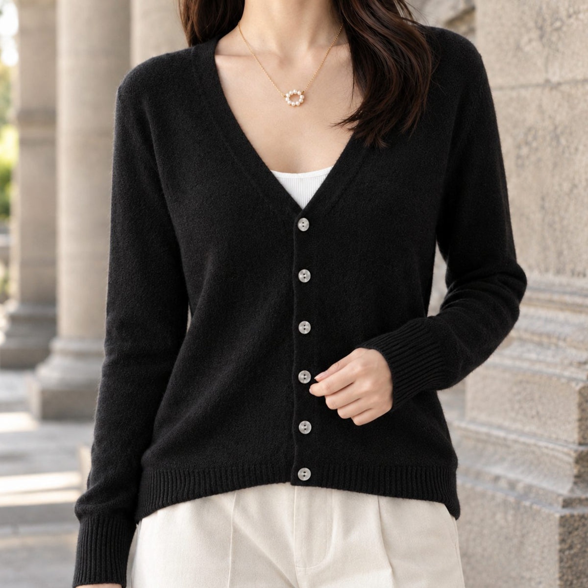 Women's V-Neck Button-Front Relaxed Knit Cardigan
