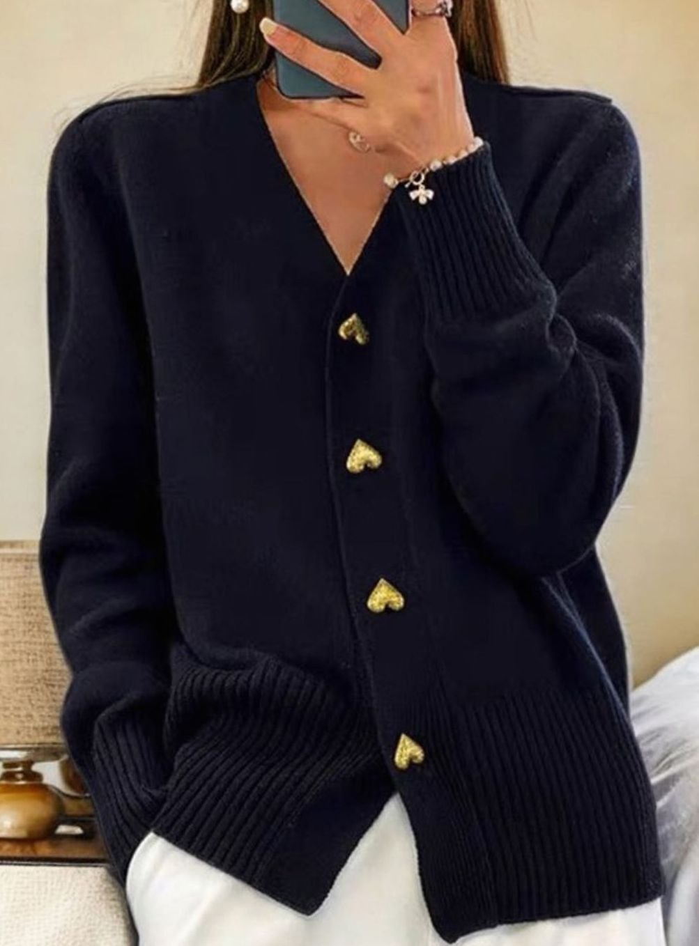 Women's V-Neck Knit Cardigan with Gold Heart Buttons