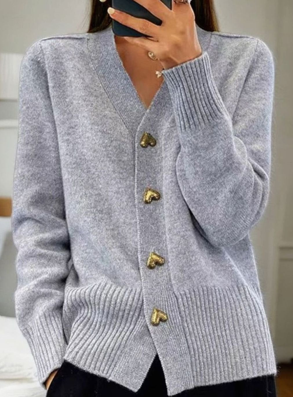 Women's V-Neck Knit Cardigan with Gold Heart Buttons