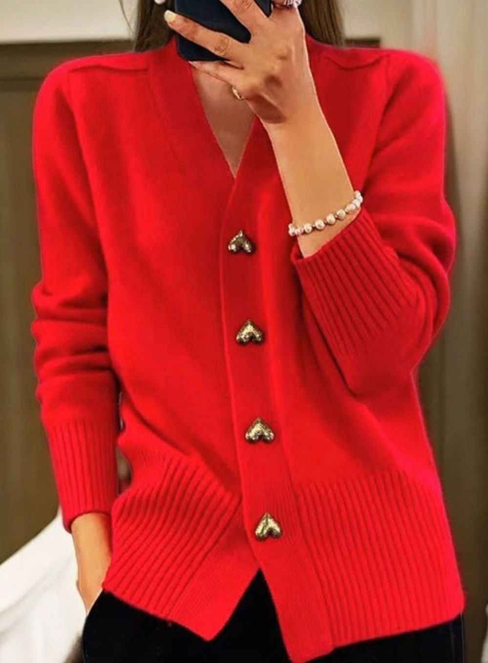 Women's V-Neck Knit Cardigan with Gold Heart Buttons