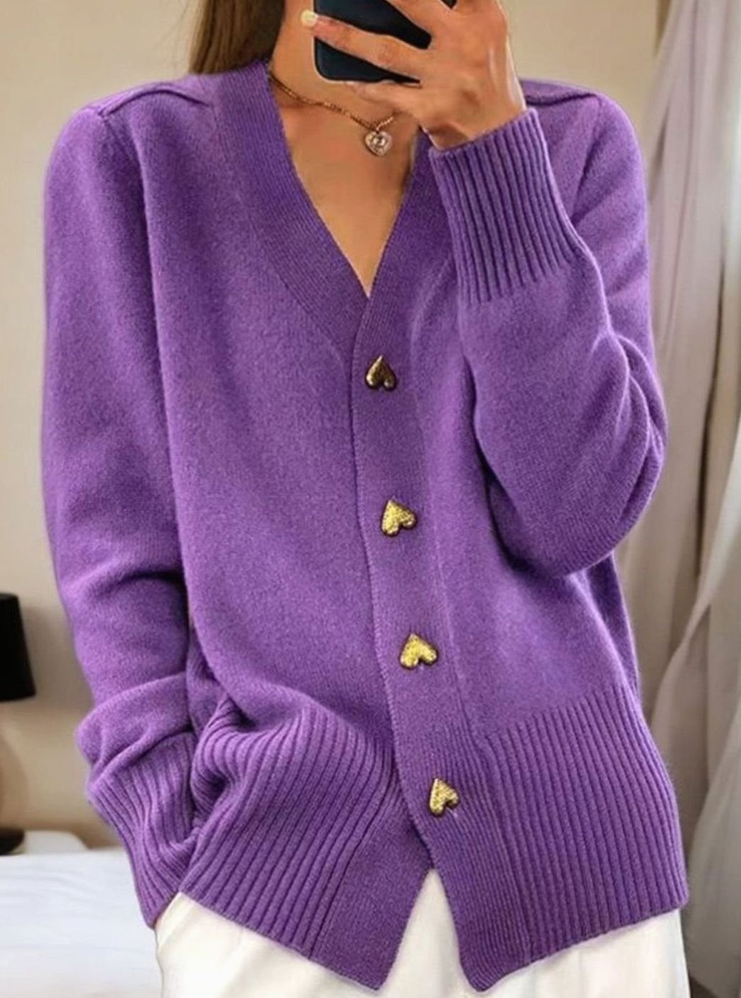 Women's V-Neck Knit Cardigan with Gold Heart Buttons