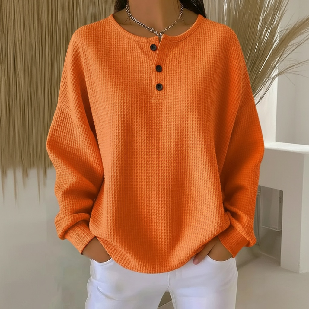 Women's Waffle Knit Button Placket Sweatshirt - Comfortable Long Sleeve Henley Jumper, Soft Casual Knit Sweater