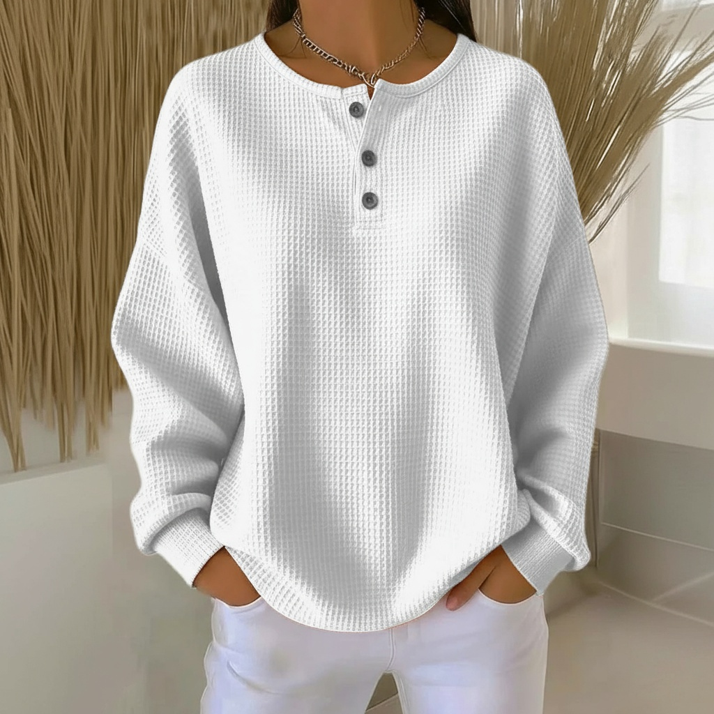 Women's Waffle Knit Button Placket Sweatshirt - Comfortable Long Sleeve Henley Jumper, Soft Casual Knit Sweater