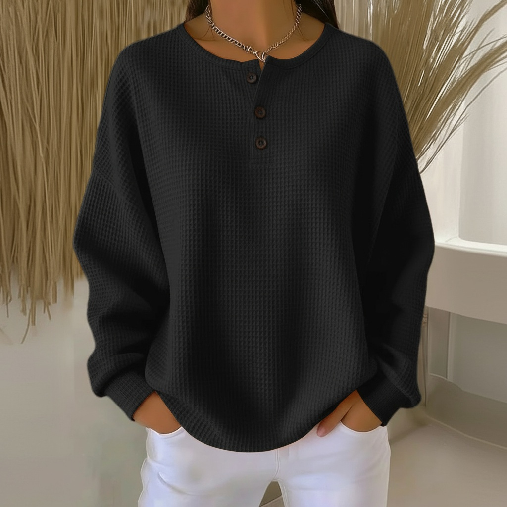 Women's Waffle Knit Button Placket Sweatshirt - Comfortable Long Sleeve Henley Jumper, Soft Casual Knit Sweater