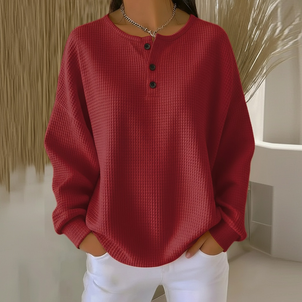 Women's Waffle Knit Button Placket Sweatshirt - Comfortable Long Sleeve Henley Jumper, Soft Casual Knit Sweater