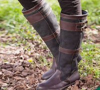 Women's Waterproof Double-Buckle Knee-High Pull-On Boots