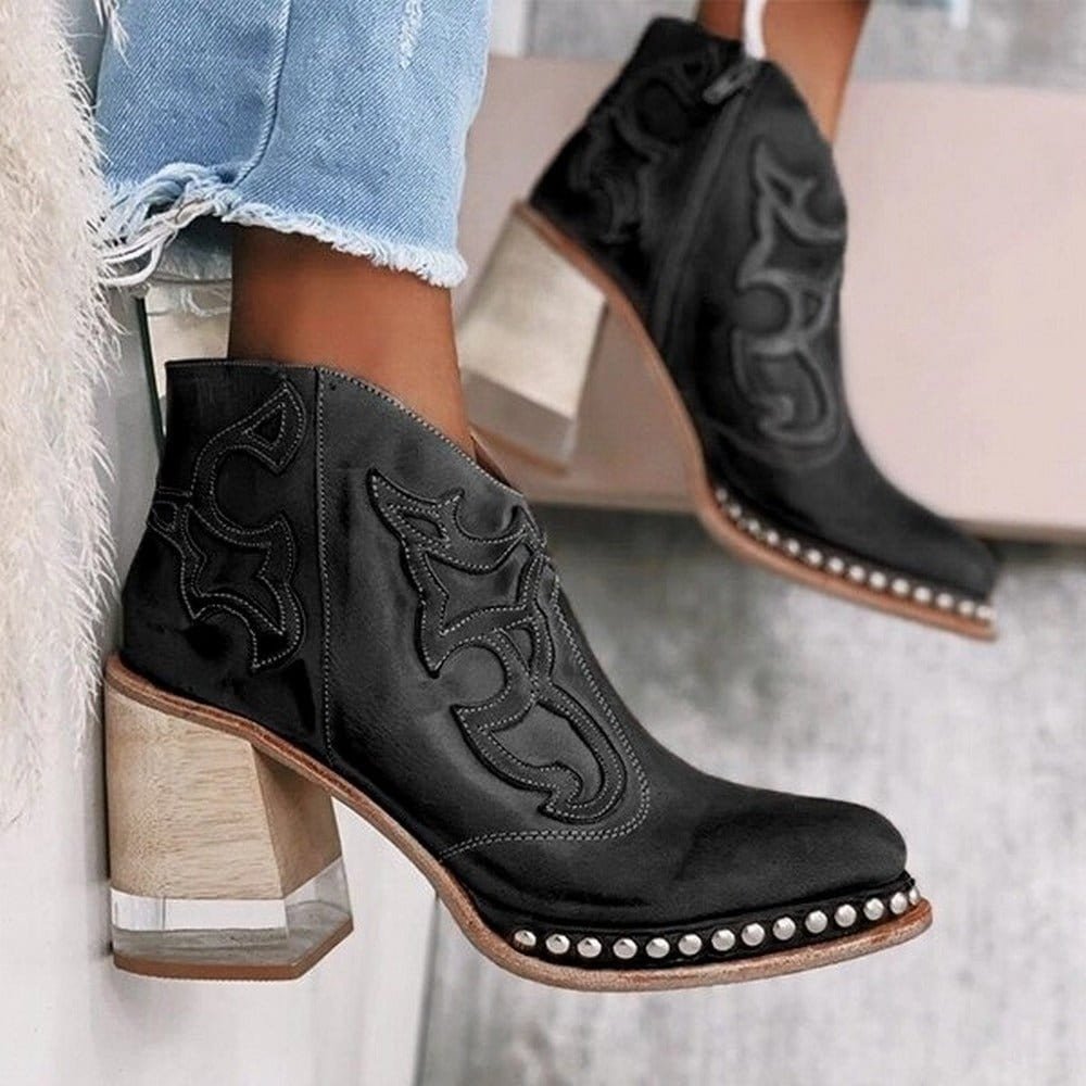 Women's Western Studded Block-Heel Ankle Boots