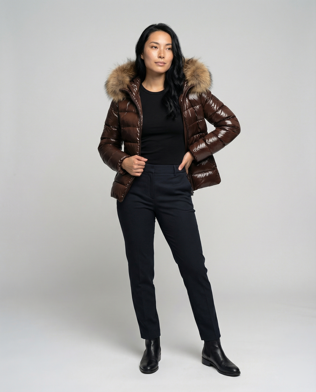 Women's Winter Down Jacket with Detachable Hood and Luxurious Fur Collar