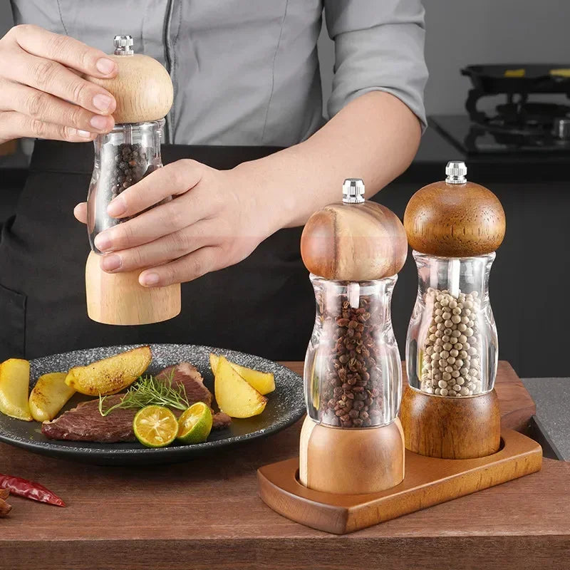 Wood and Glass Salt and Pepper Grinder Set – Stylish Spice Grinders for the Kitchen