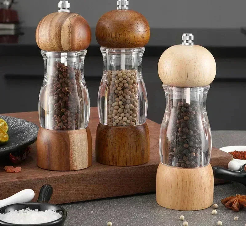 Wood and Glass Salt and Pepper Grinder Set – Stylish Spice Grinders for the Kitchen