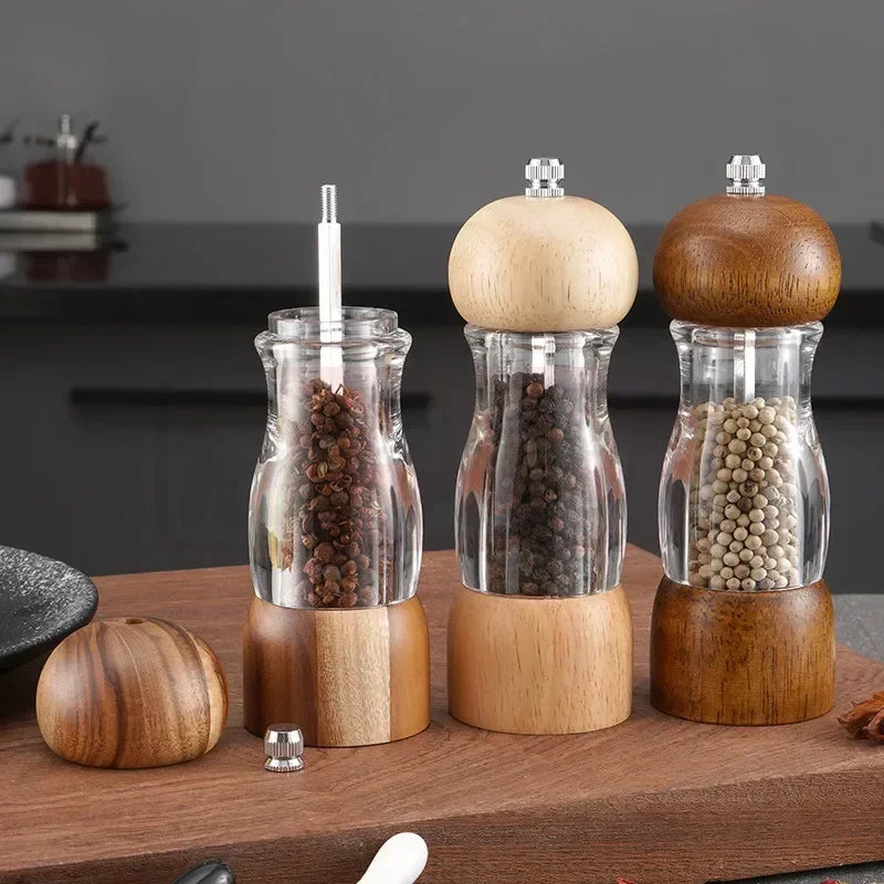 Wood and Glass Salt and Pepper Grinder Set – Stylish Spice Grinders for the Kitchen