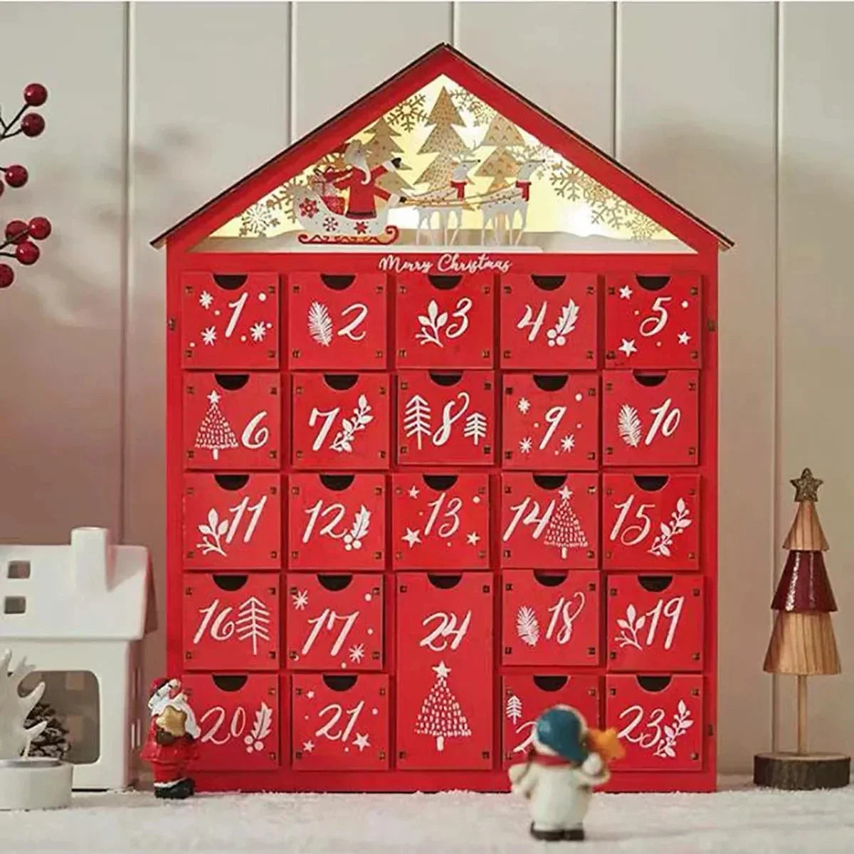 Wooden Advent Calendar with 24 Storage Drawers – DIY Refillable Light-Up Christmas Countdown, 30 x 6.3 x 39 cm