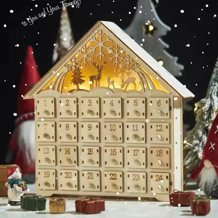 Wooden Advent Calendar with 24 Storage Drawers – DIY Refillable Light-Up Christmas Countdown, 30 x 6.3 x 39 cm