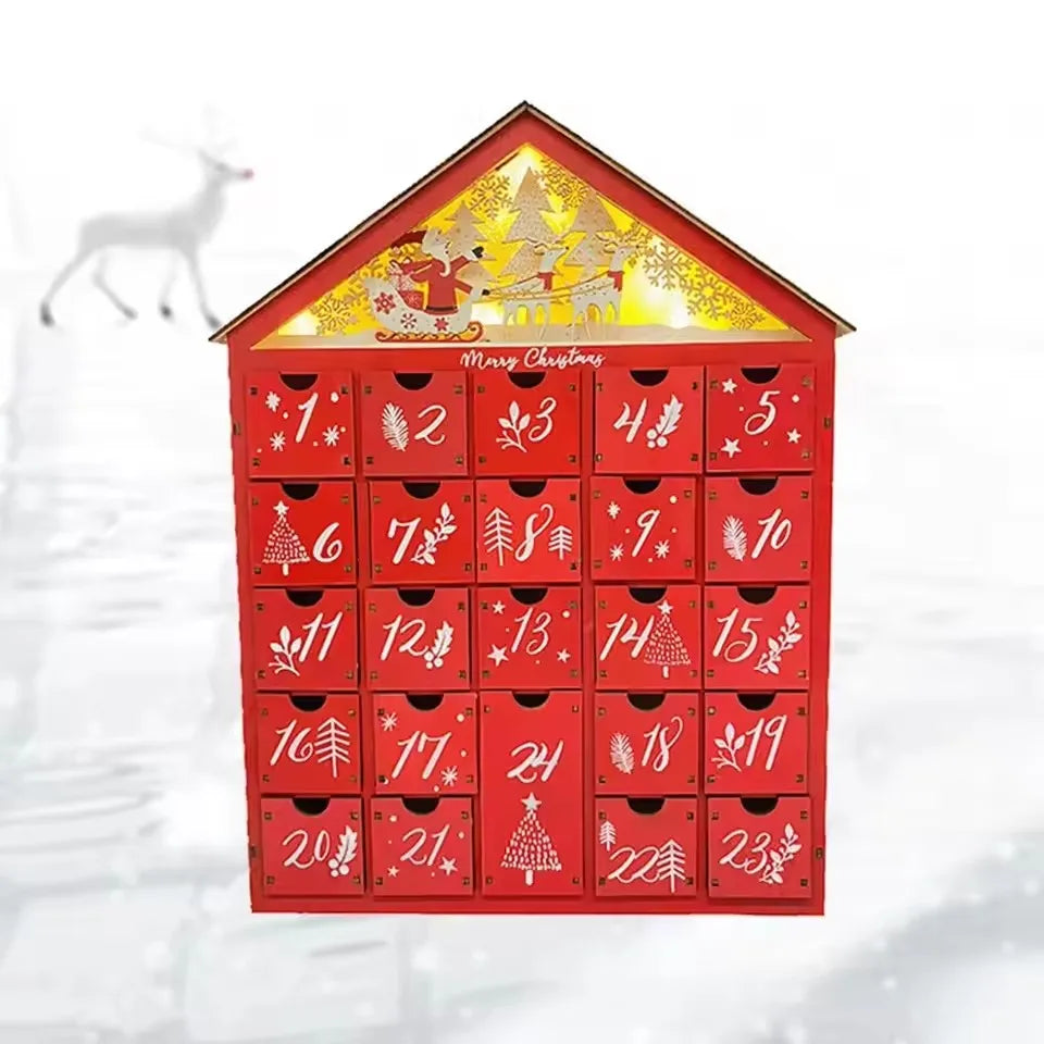 Wooden Advent Calendar with 24 Storage Drawers – DIY Refillable Light-Up Christmas Countdown, 30 x 6.3 x 39 cm